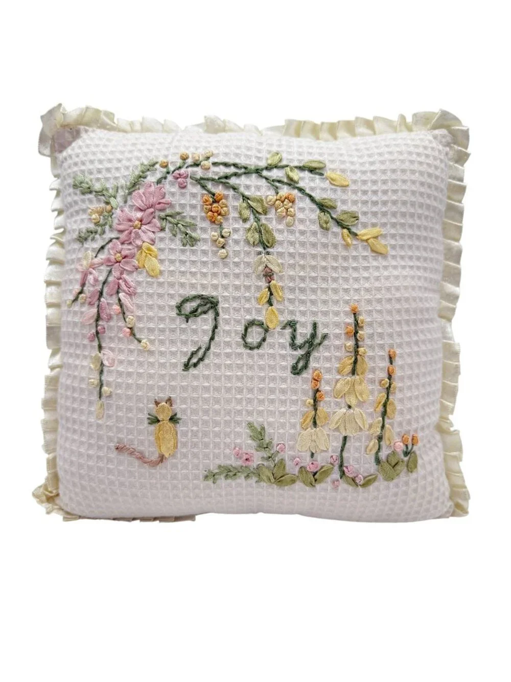 Ribbon Embroidered Throw Pillow Joy Floral Cat Ruffled Edge Cottagecore 9 In
